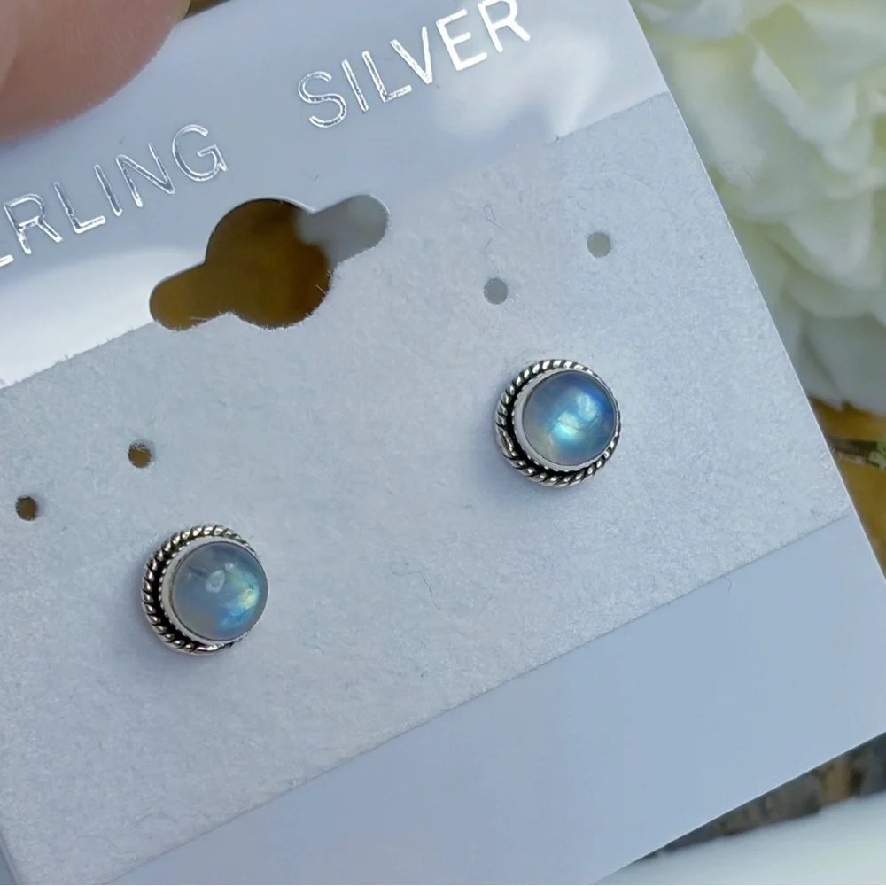 Pure Sterling Silver 925 Blue Rainbow Moonstone Stud Earrings Boho Southwest New - Picture 6 of 8